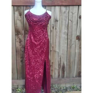 Y2K NW Nightway Burgundy Sequin Cowl Neck Gown – High Slit Maxi Dress – Size 8